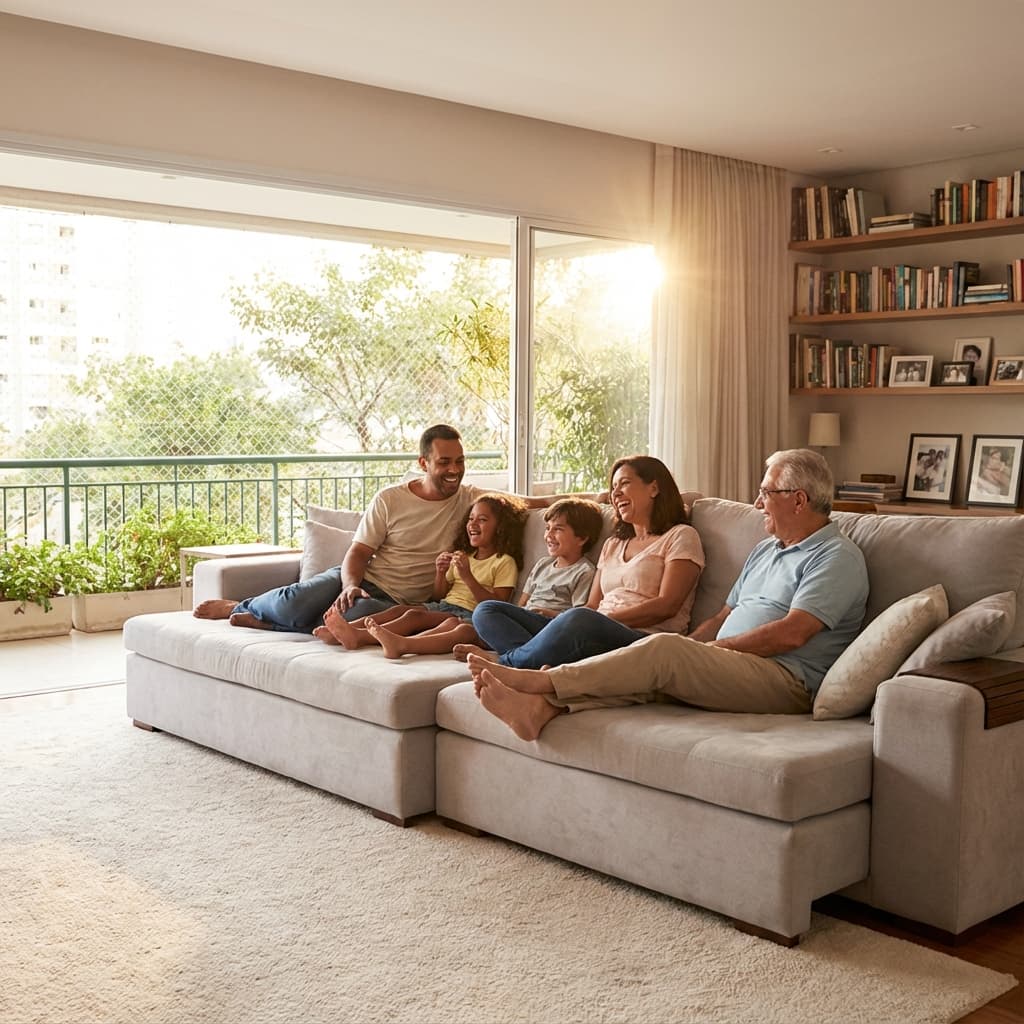 Família feliz aproveitando o conforto do lar