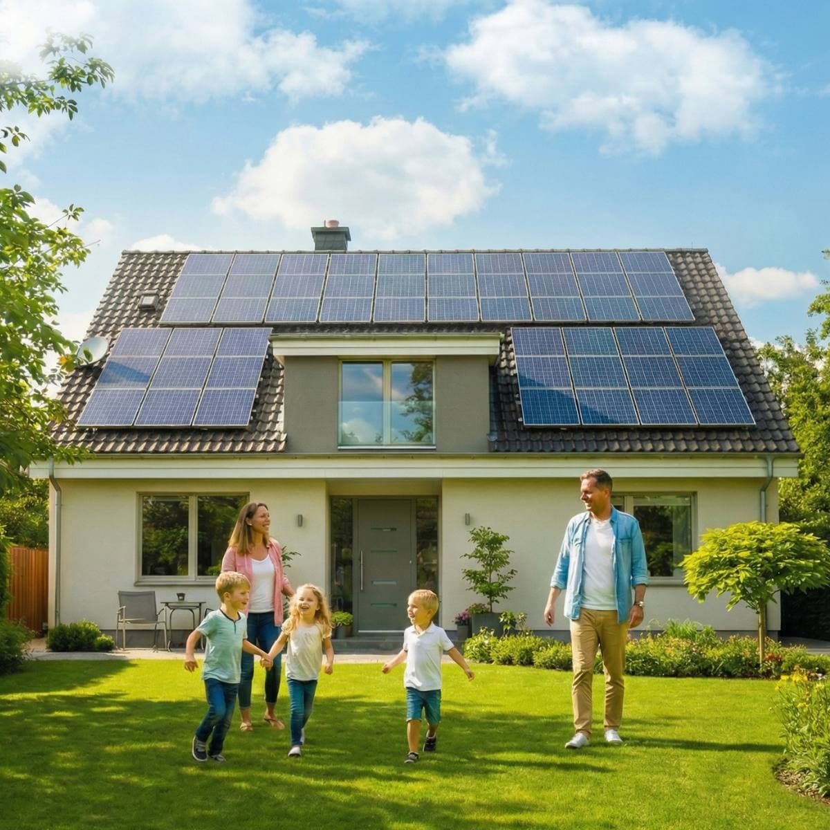 Família feliz em casa com energia solar